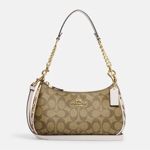 Coach Signature Canvas Chain Shoulder Bag – Khaki/Chalk – Gold Hardware – NWT